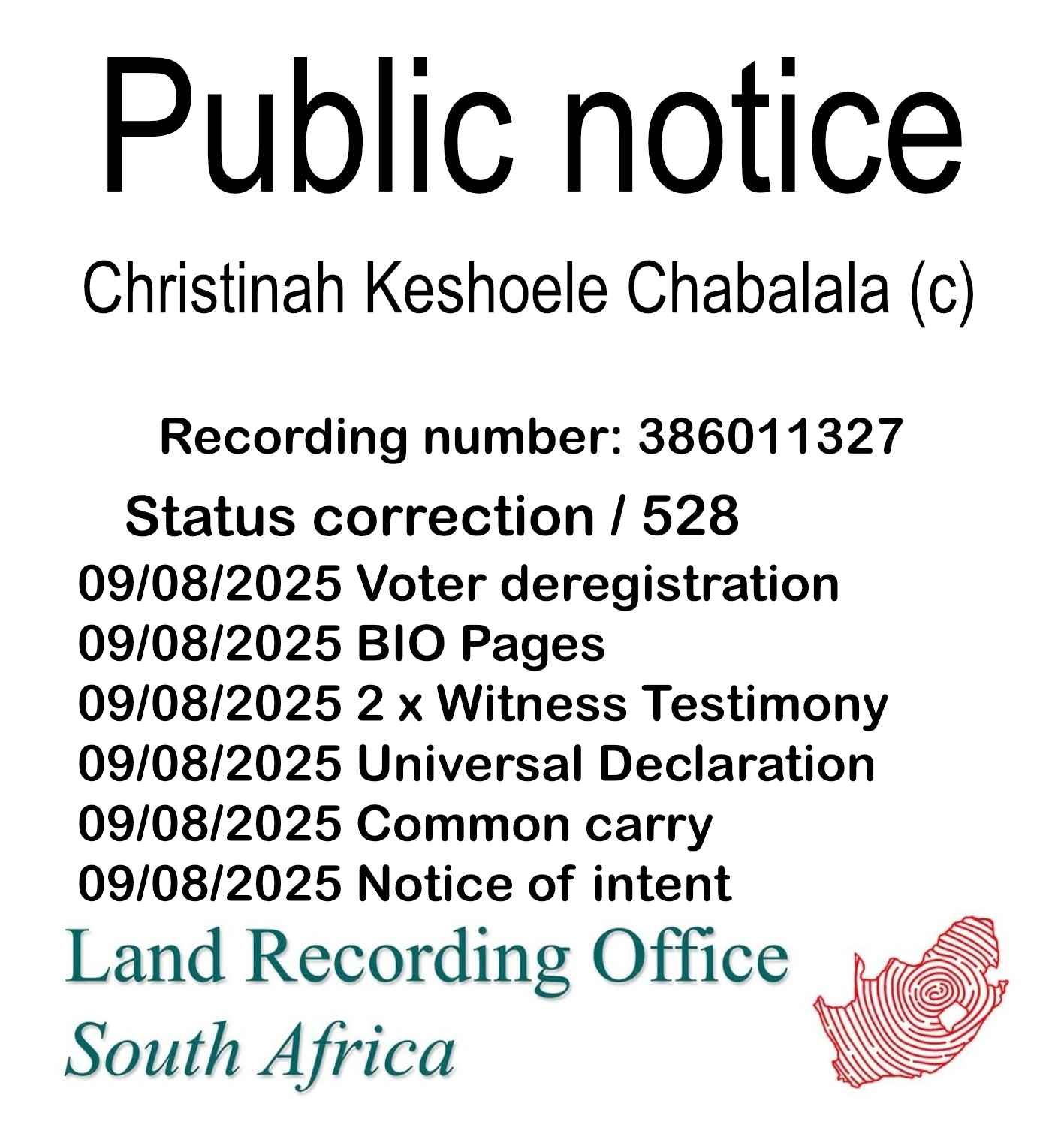 Public notice Matshediso Coelestina Sehlabi (c) Recording number 386011327